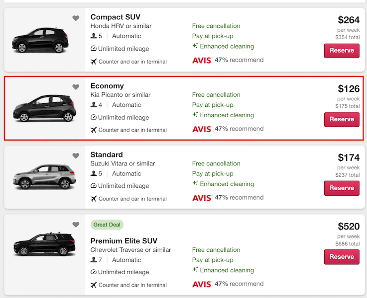 Screenshot of car rental agency